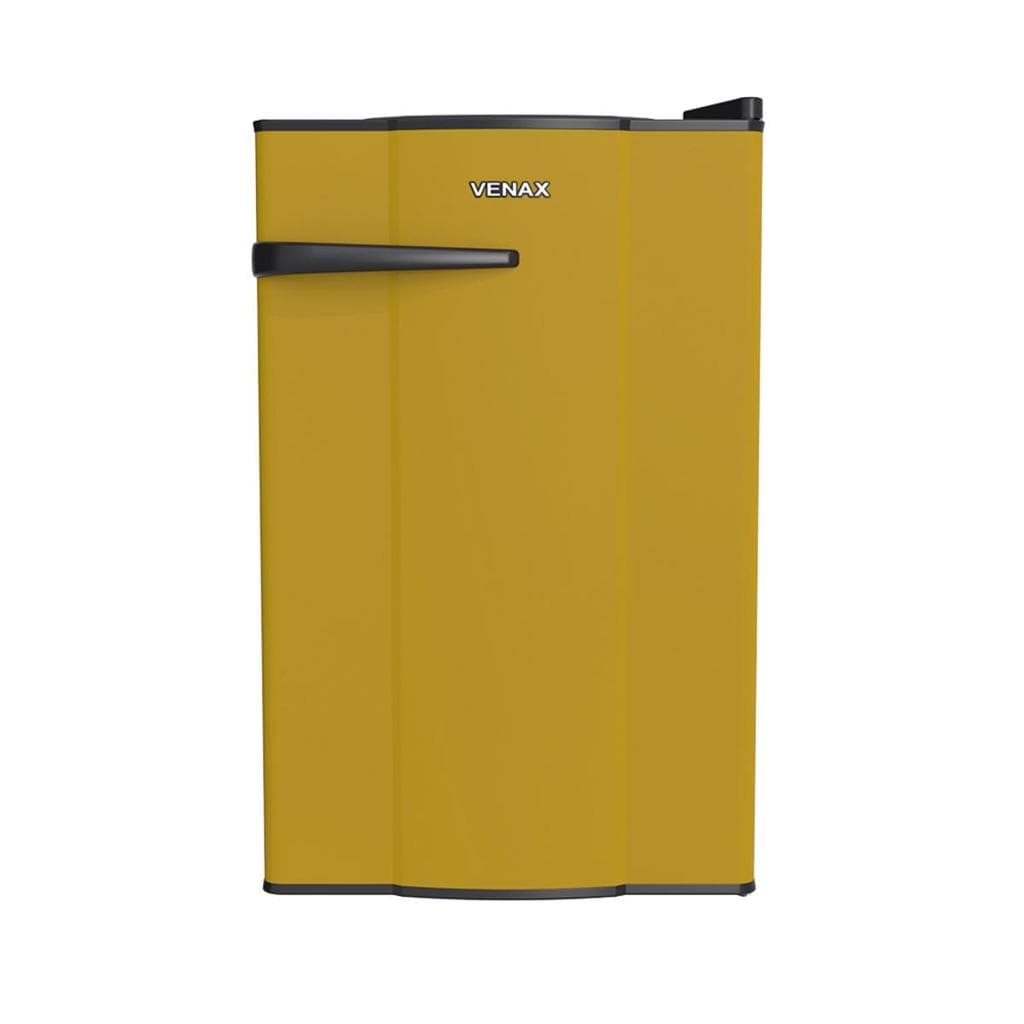 Frigobar amarelo Venax com porta frontal e alça preta