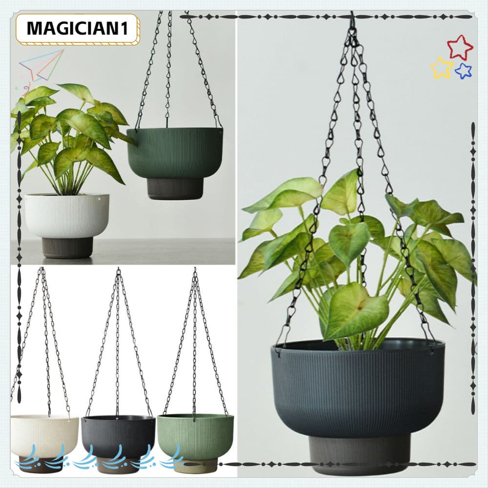 Vasos suspensos mágicos multicoloridos com plantas verdes, fundo branco