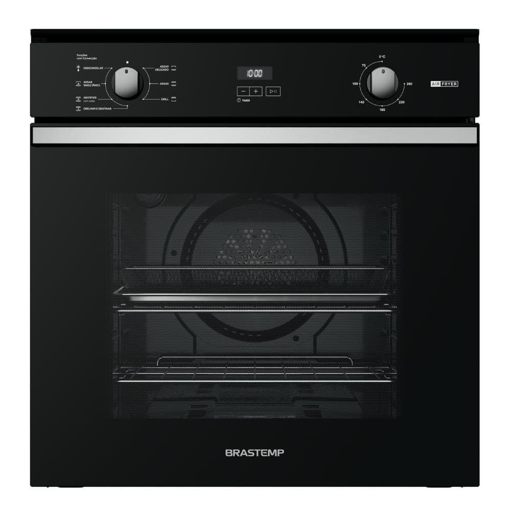 Forno de Embutir Elétrico com Função Air Fryer Brastemp - BOF84AE, preto, com porta aberta, mostrando interior com prateleiras e área de cozimento.