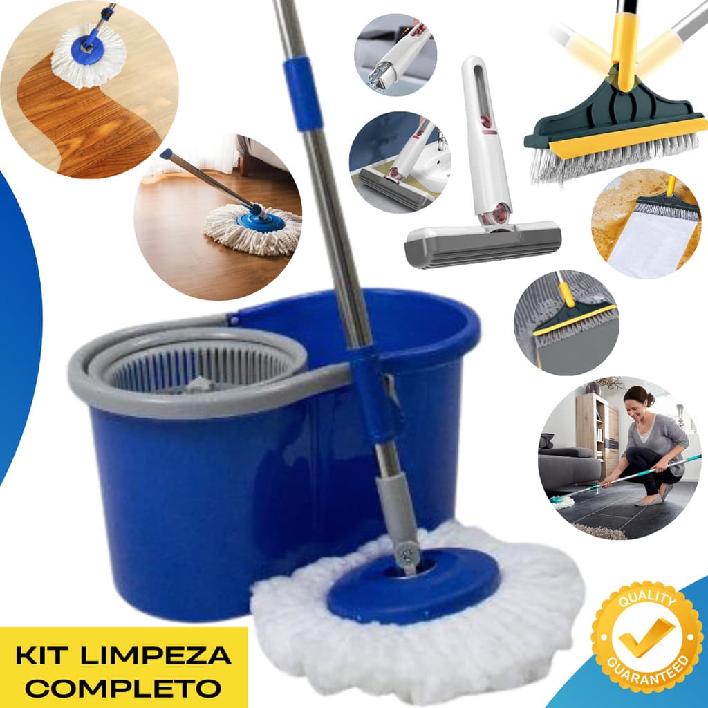 Kit limpeza completo com mop giratório 360º, balde 8L, mini mop e escova rodo