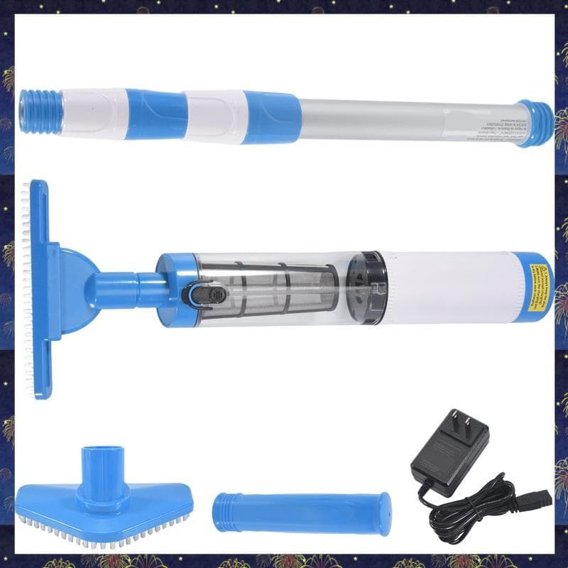 Aspirador de piscina sem fio azul e branco com escova e carcaça transparente