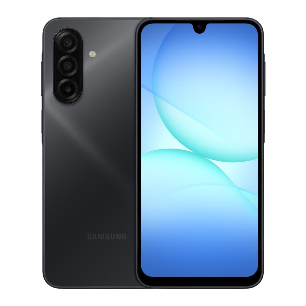 Smartphone Samsung Galaxy A17 com tela de 6,7 polegadas, 128GB e 4GB RAM, vista frontal e traseira.