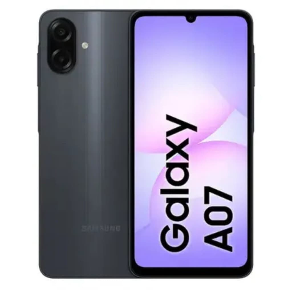 Smartphone Samsung Galaxy A07 cinza metálico com câmera dupla e tela gradiente