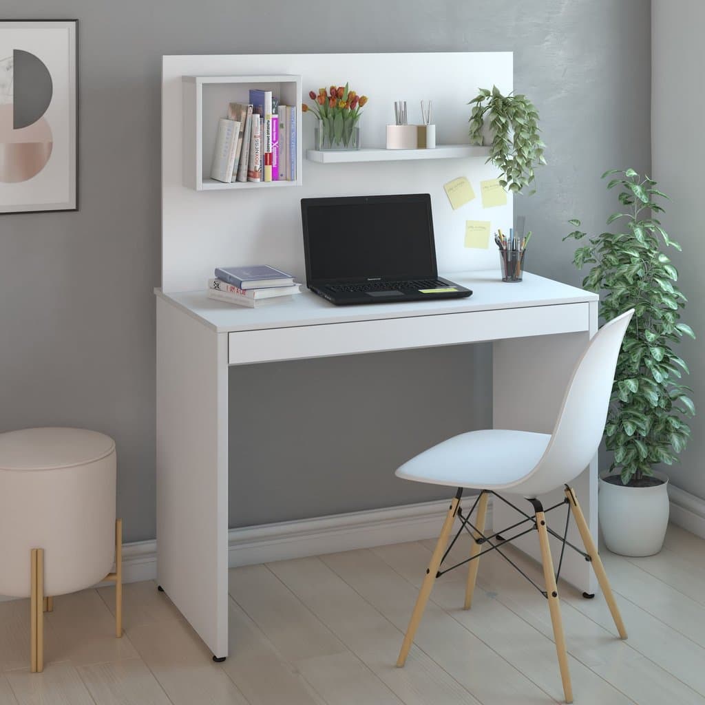 Escrivaninha Mesa Escritório Funcional com Painel 1 Gaveta 1 Prateleira 1 Nicho 100cm Branca Branco