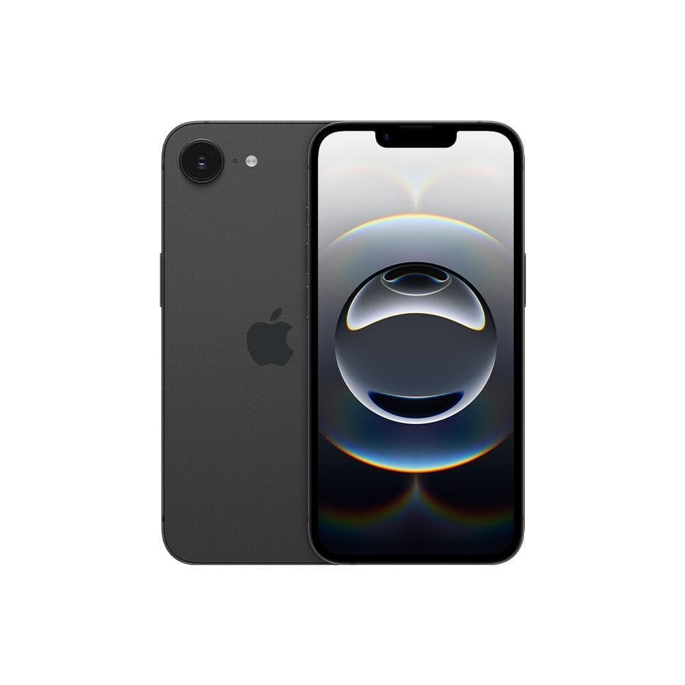 iPhone 16e 128GB Preto, design fino com bordas arredondadas e câmera dupla, fundo branco