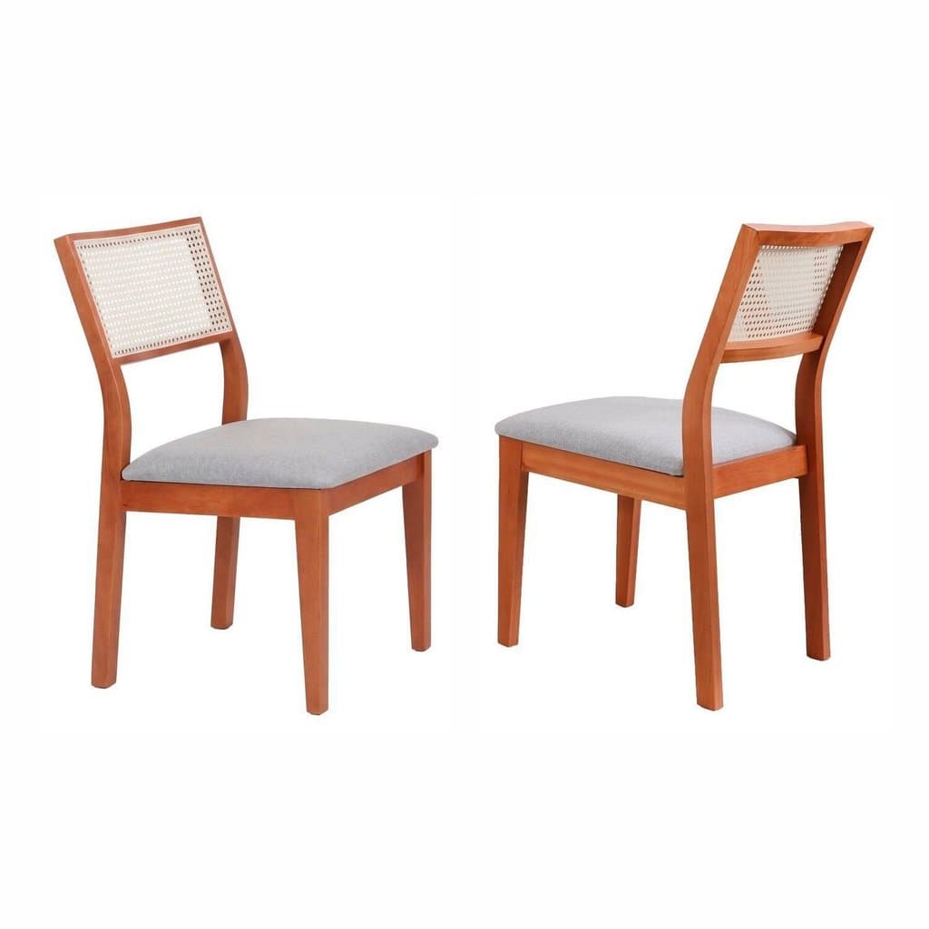 Kit 2 Cadeiras Madeira Maciça com Estofado e Fibra Natural Rattan Maya Yescasa Champagne/Cinza