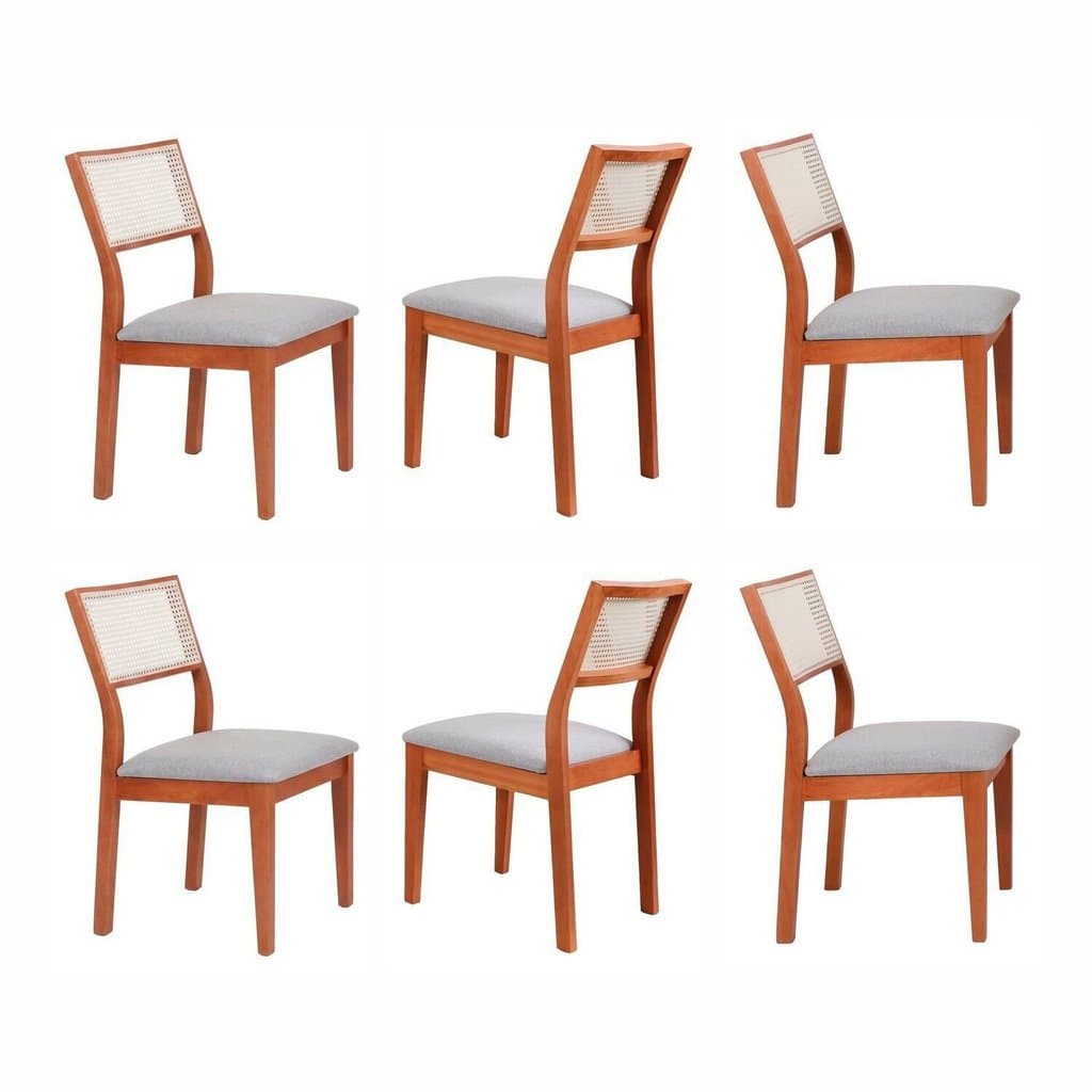 Kit 6 Cadeiras Madeira Maciça com Estofado e Fibra Natural Rattan Maya Yescasa Champagne/Cinza