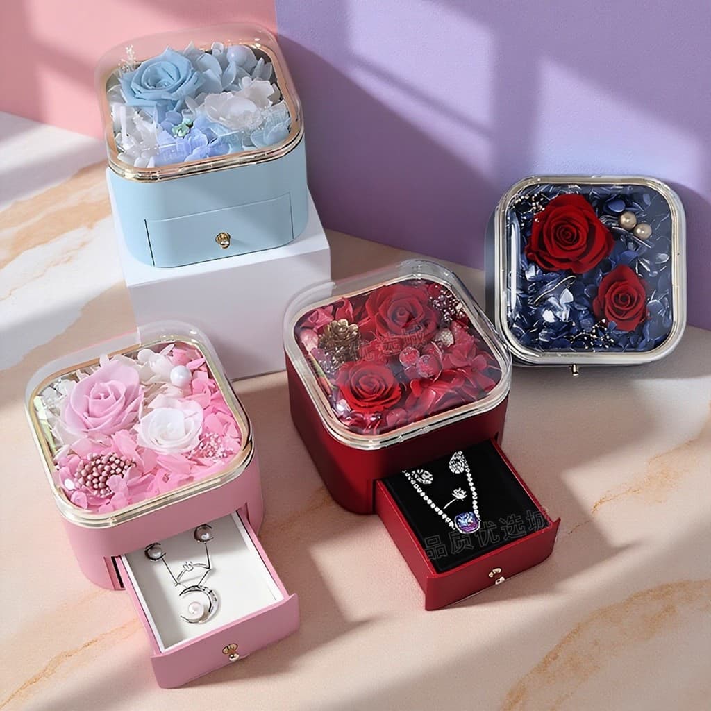 Rosa preservada flor caixa de jóias colar caixa de embalagem acrílico caixa de presente anel caixa vazia brinco caixa pa