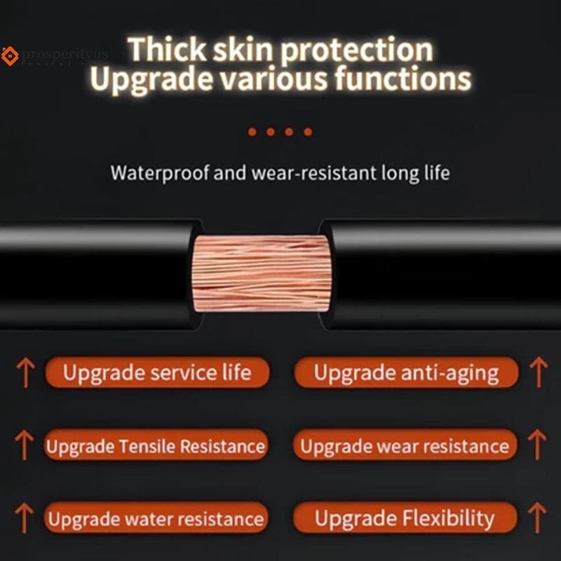 Cabo de soldagem preto com proteção espessa e resistência à água, mostrando melhorias em várias funções.