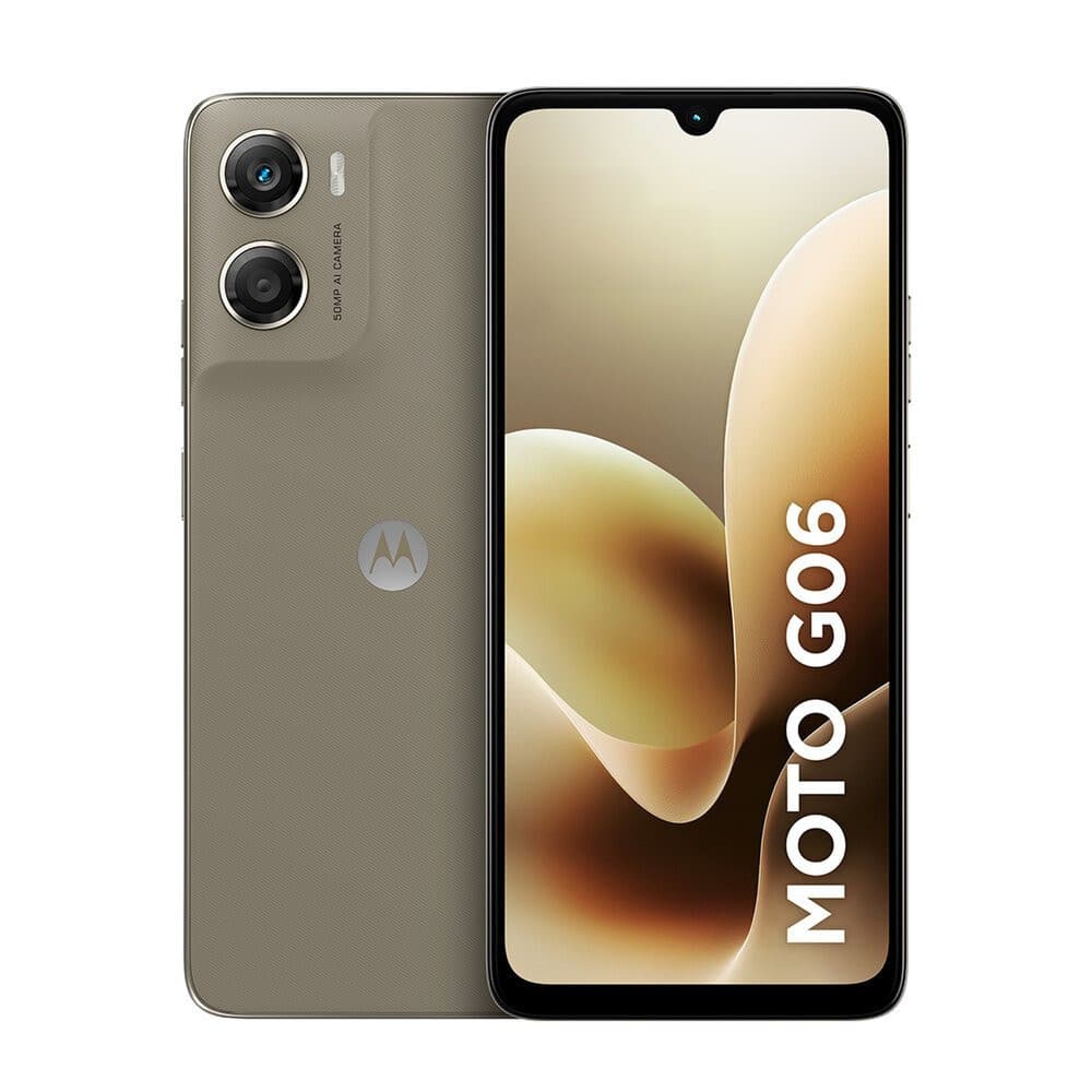 Smartphone Moto G06 com câmera traseira dupla e logo da marca na traseira