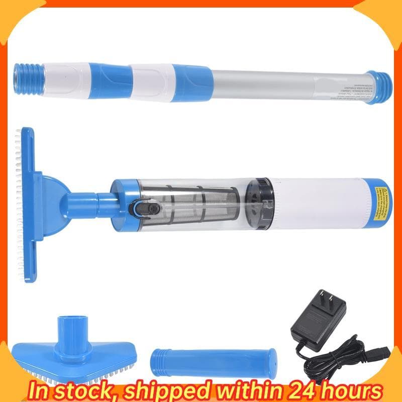 Aspirador de piscina sem fio com cabo transparente e acessórios, cor azul e branco, disponível em estoque.