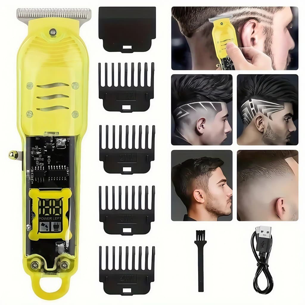 Máquina de Cortar Cabelo Profissional Sem Fio Smart LCD – Barbeador Elétrico Transparente Masculino