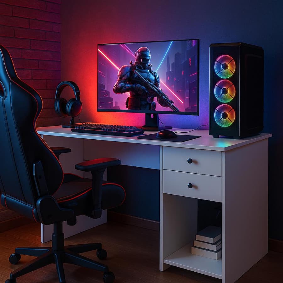 Escrivaninha gamer branca com suporte para CPU, monitor e laptop, fundo RGB, teclado, mouse e fone de ouvido
