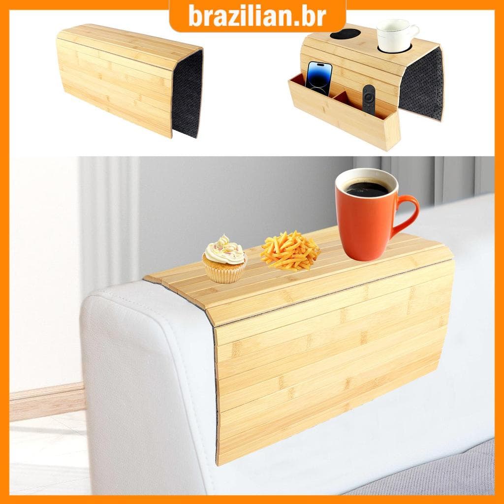 Bandeja de braço de sofá de bambu com cesta dobrável antiderrapante à prova de respingos