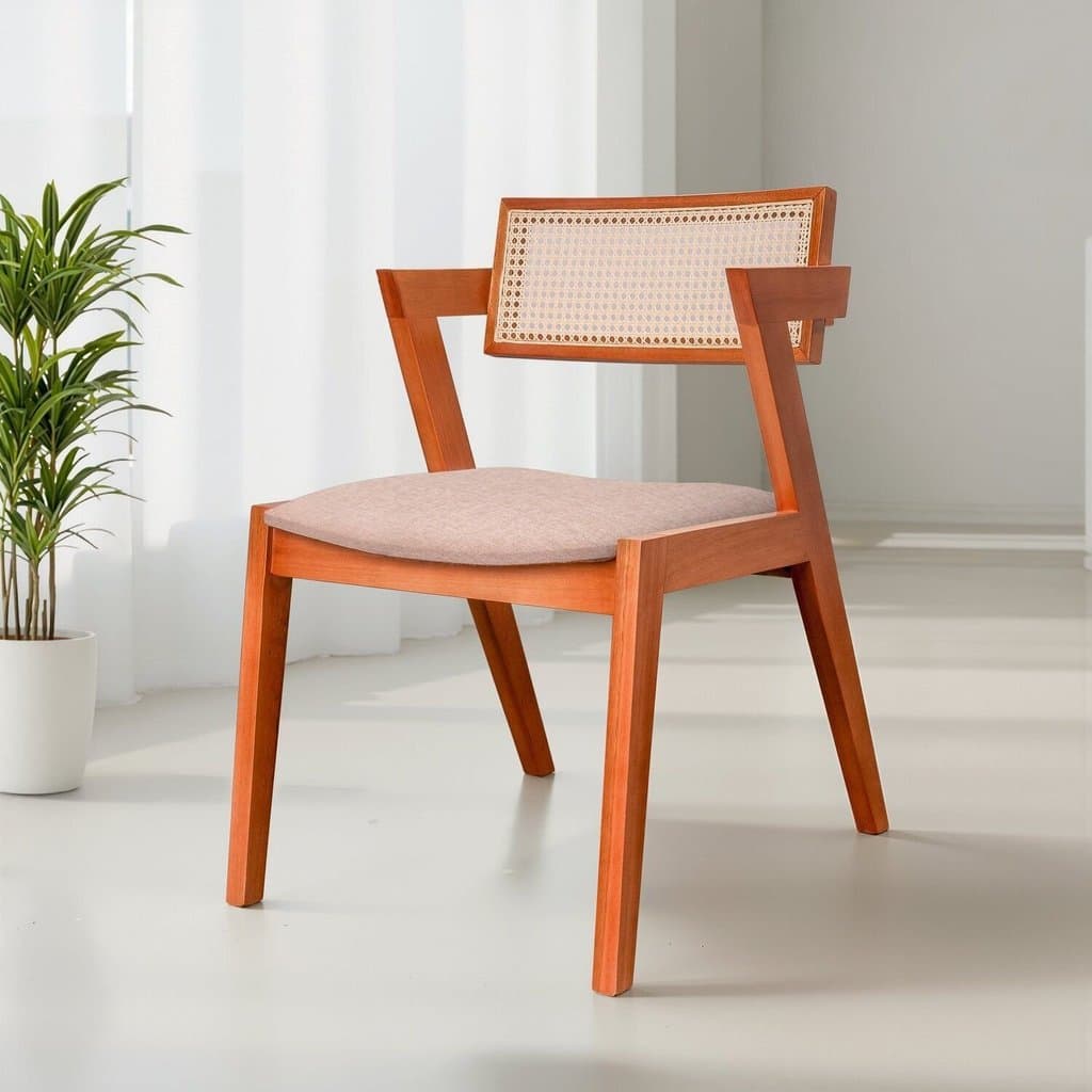 Kit 2 Cadeiras Madeira Maciça Rattan de Fibra 100% Natural e Estofada Verona Espresso Móveis Champagne/Bege