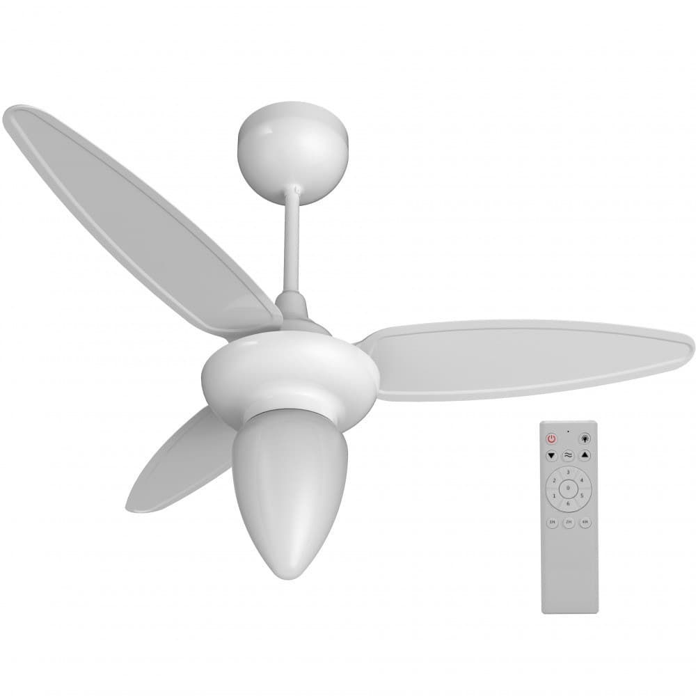 Ventilador de teto branco com três pás e controle remoto à direita
