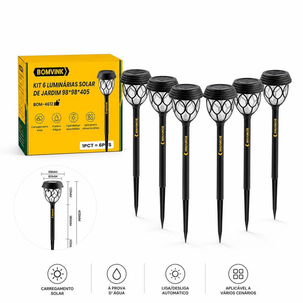 Kit 6 Luminárias Solar de Jardim LED À Prova D’Água Luz Decorativa para Festa Jardim Quintal e Área Externa
