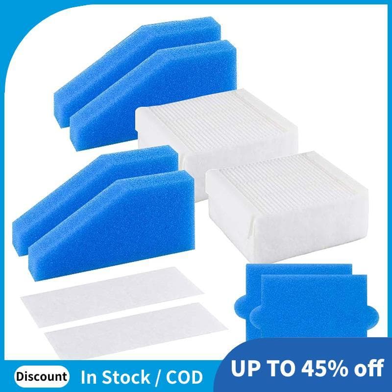Kit com 5 filtros de limpeza para aspirador de pó, 4 azuis e 1 branco, em fundo branco