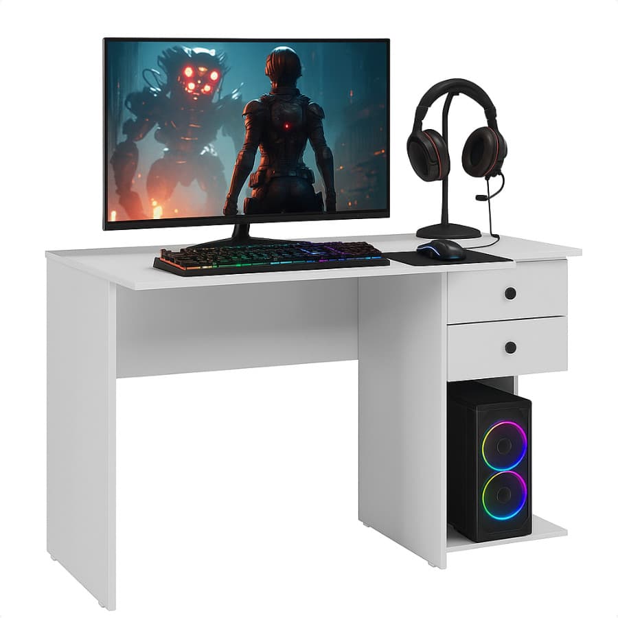 Mesa escrivaninha branca gamer com suporte para CPU, teclado, monitor e fone de ouvido