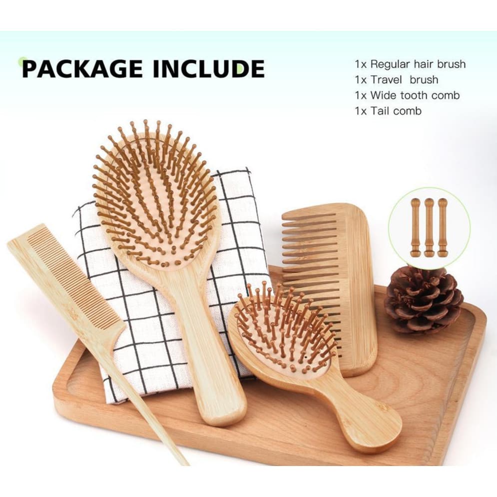 Pente De Cabelo De Bambu De 4 Peças Almofada De Ar Dente Largo Escova Pequena Viagem Travel Presente De Feriado