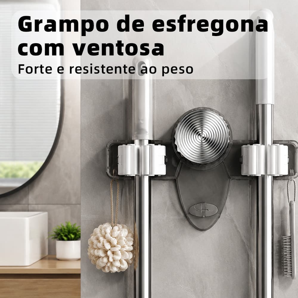 Mop Suporte Vassoura Utensílios Multiuso sem Furar Parede com Ventosa para Cozinha e Banheiro Organização de Utensílios