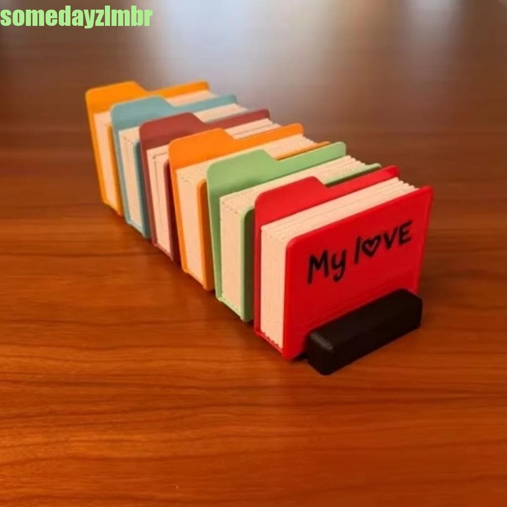 Álbum de fotos dobrável SOMEDAYZL0M com pastas coloridas e texto 'My love' em vermelho