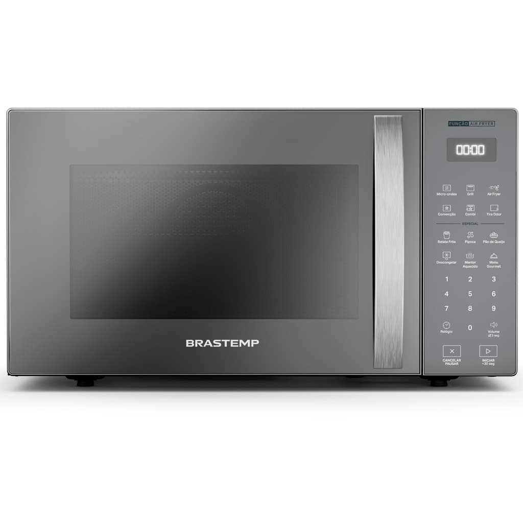 Micro-ondas Air Fryer Brastemp Inox 29 Litros - BMC29AR, cinza, aço inoxidável, display digital, controles, Brastemp
