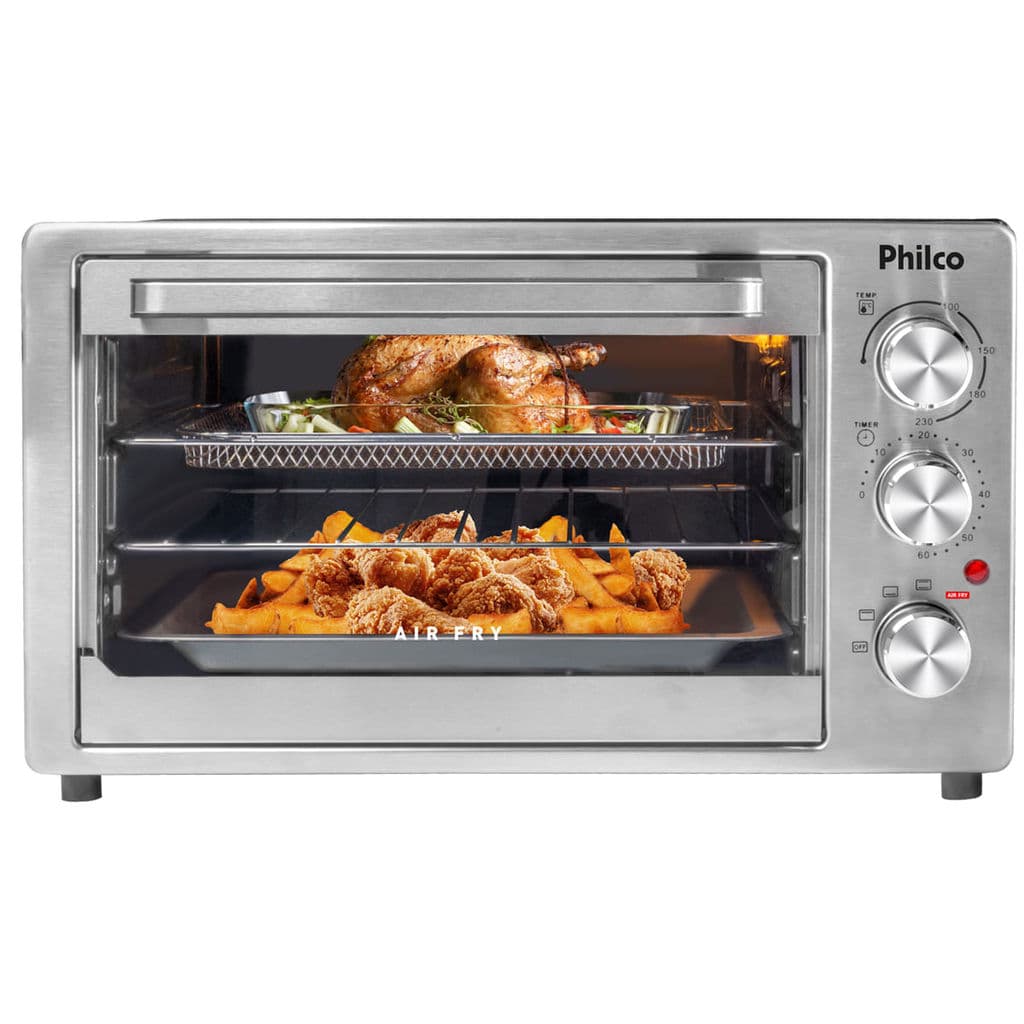 Forno Elétrico Air Fryer Philco 40L Inox PFE40I com alimentos cozidos