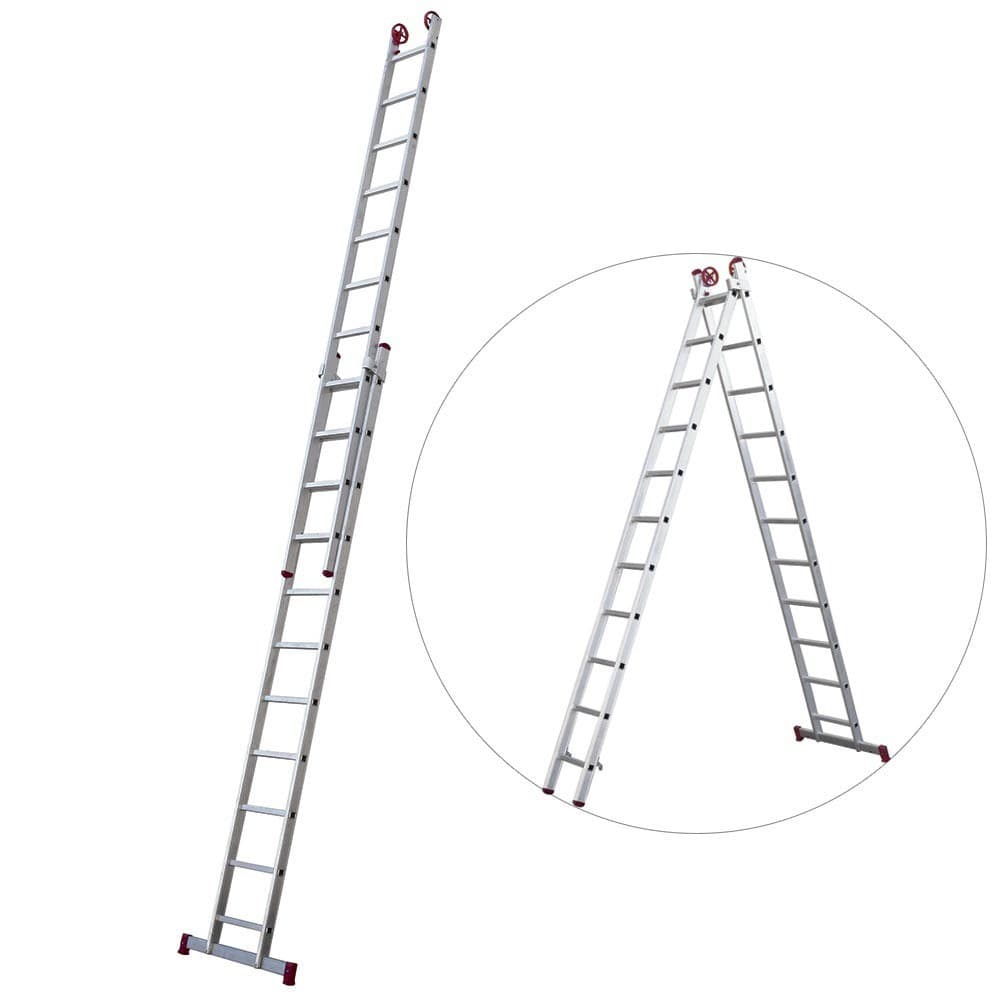 Escada de alumínio extensível em dois ângulos, totalmente estendida e em forma de V, com degraus largos e antiderrapantes.
