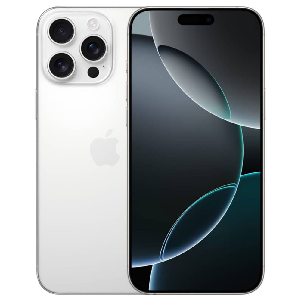 iPhone 16 Pro Max branco, vista lateral, três câmeras na parte de trás, logotipo da Apple, reflexo na tela