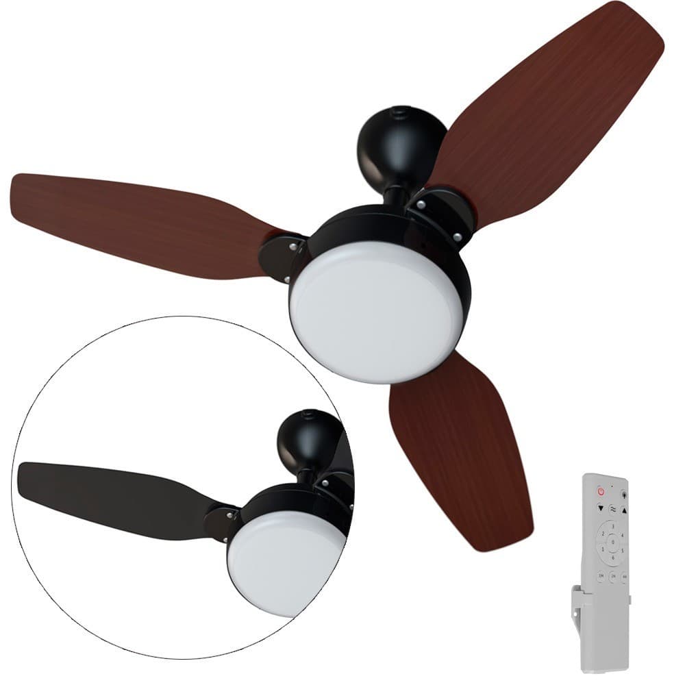 Ventilador de teto LED 3 pás com controle remoto, vista frontal e lateral