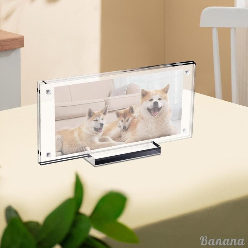 Porta-retratos de acrílico transparente com base multiângulo para fotos de cães.