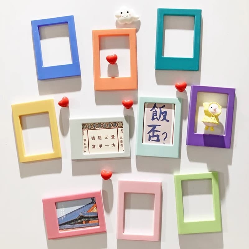 Porta-retratos adesivos magnéticos coloridos para geladeira, 5 unidades, estilo Polaroid, com corações e imagens variadas