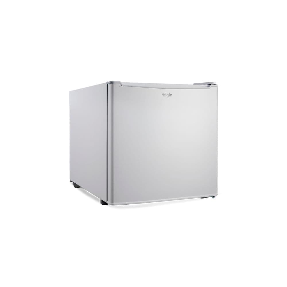 Frigobar branco vertical com porta deslizante e etiqueta Whirlpool