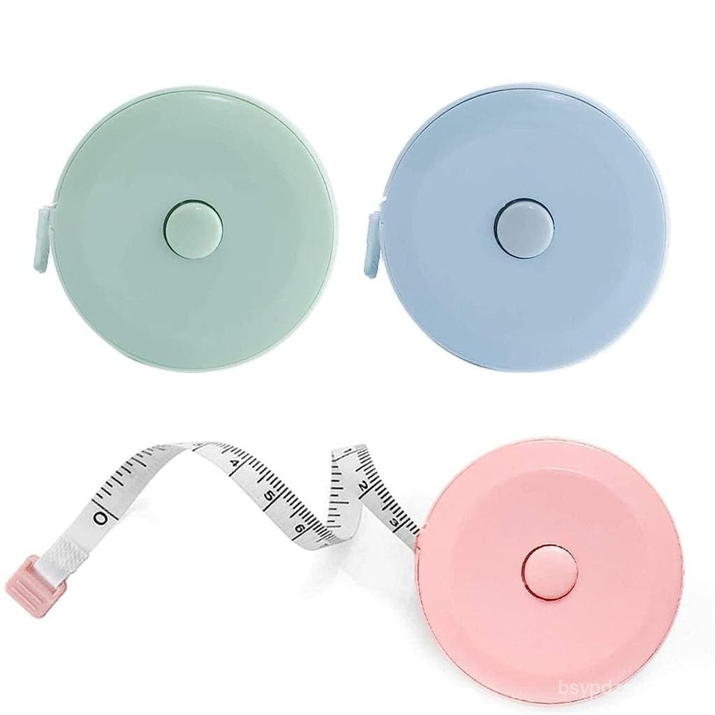 Fitas métricas macias DFsucces em cores verde, azul e rosa com medição em polegadas
