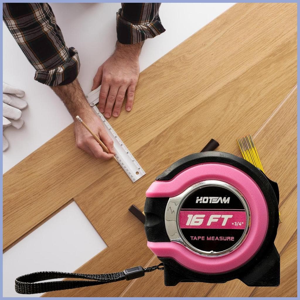 Fita métrica retrátil com gancho magnético rosa e preto, 16 pés, para arquitetura