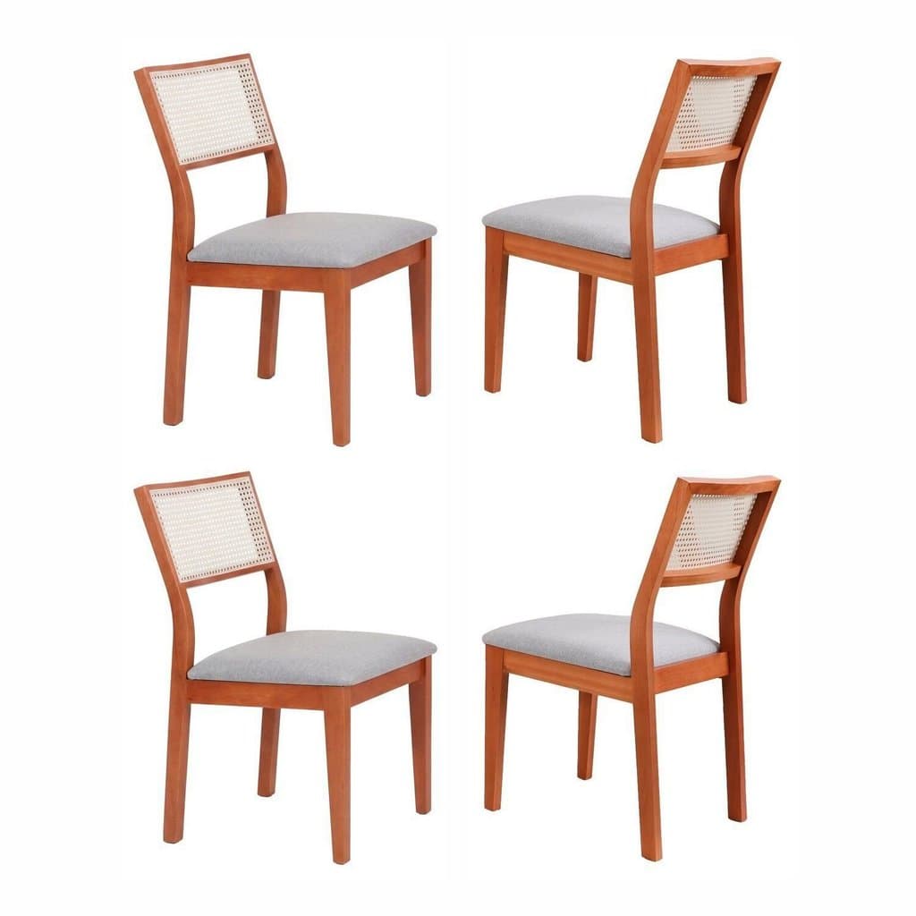 Kit 4 cadeiras madeira maciça estofado cinza fibra natural rattan