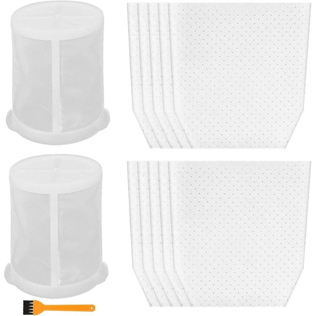 Pacote com 10 filtros de pano brancos com pontos pretos e 2 pré-filtros brancos para aspiradores, com um pincel amarelo.