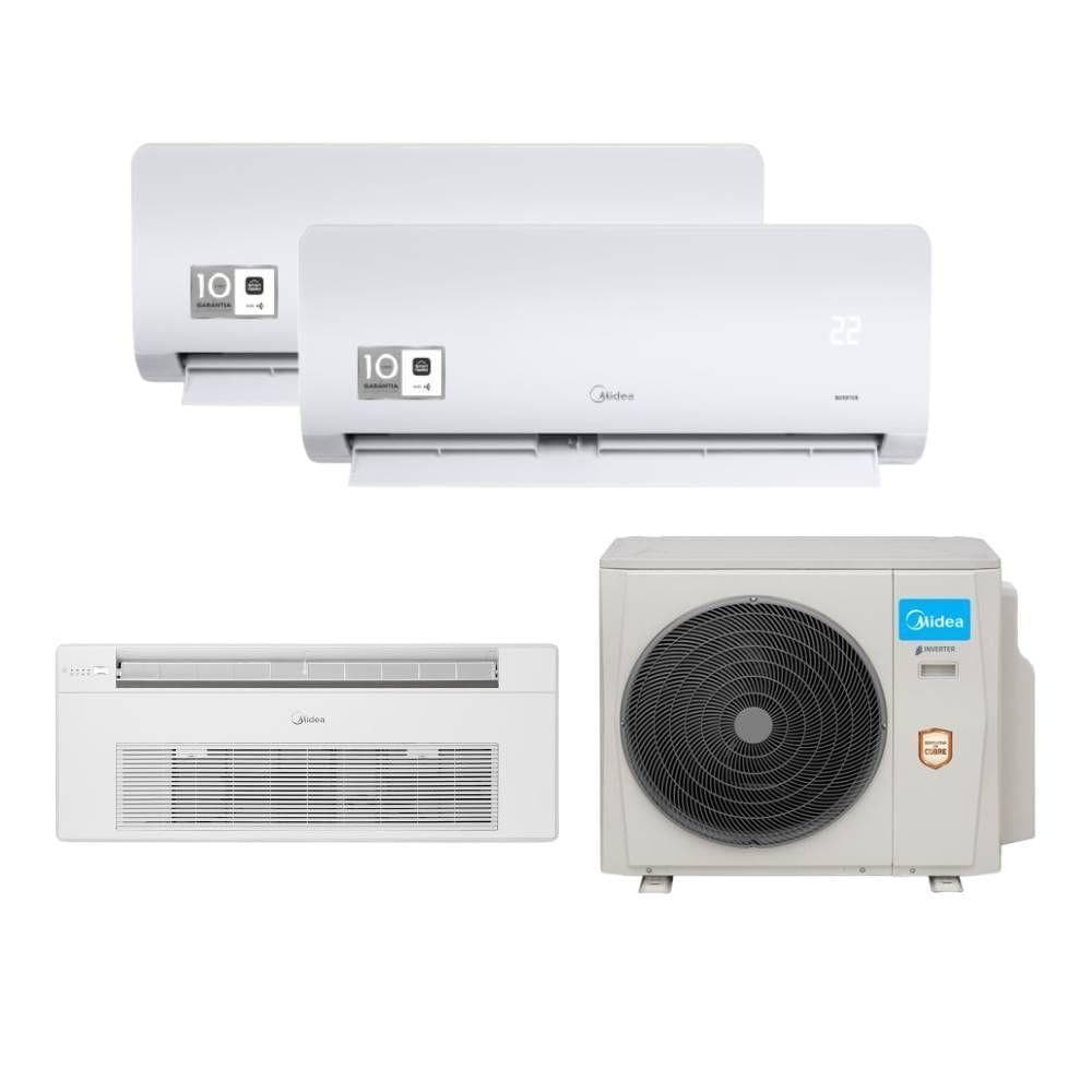 Ar condicionado tri split HW e cassete Midea 27000 BTU branco, unidades externa e interna, fundo branco, frontal