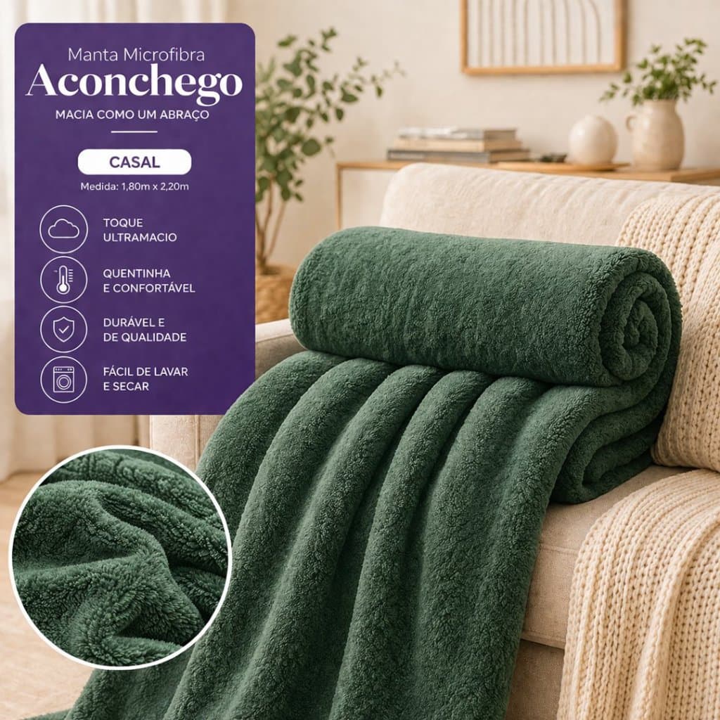 Cobertor de microfibra verde escuro para casal, 1,80x2,20m, macio e aveludado, ideal para sofá e cama.