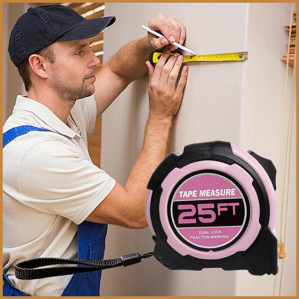 Fita métrica retrátil rosa e preta de 25 pés com travamento automático e marcação de fração para arquitetura e canteiros de obras