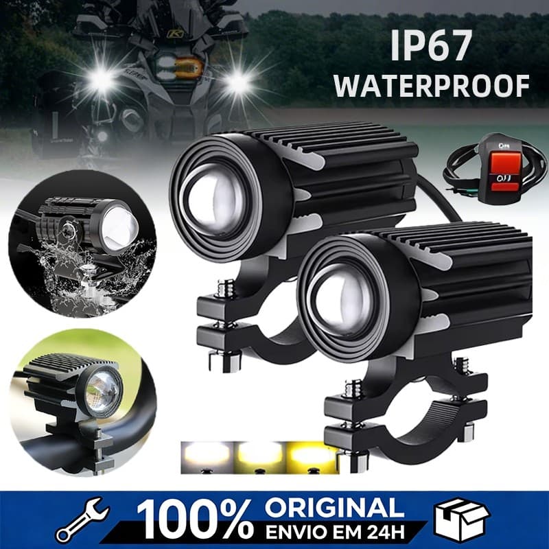 Farol auxiliar para moto IP67 à prova d'água, 1 par, 90W, 10000LM, neblina, alta qualidade, dupla cor, olho de lente, preto