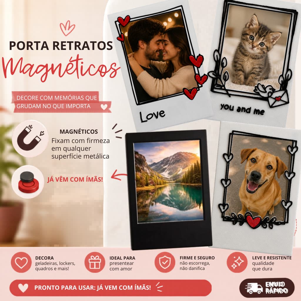 Porta retratos magnéticos com fotos de amor e paisagens, ideal para decoração.