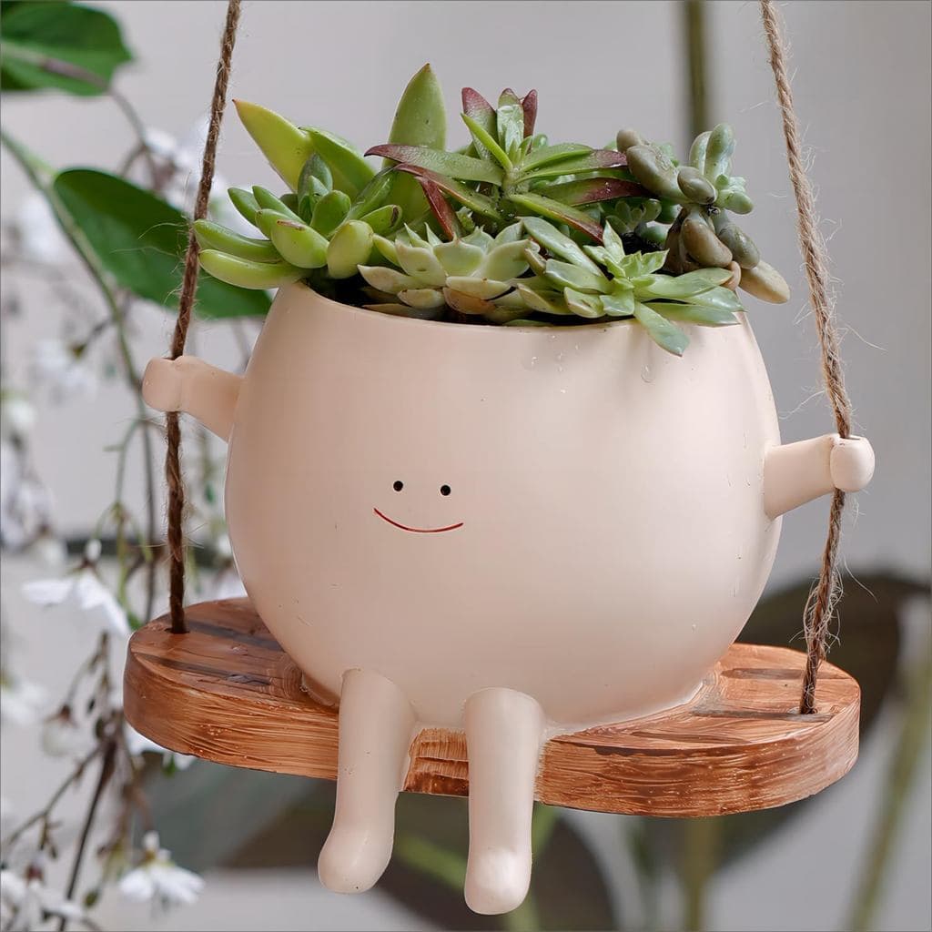 Vaso suspenso com rosto sorridente branco para plantas de interior e exterior com plantas verdes e suculentas