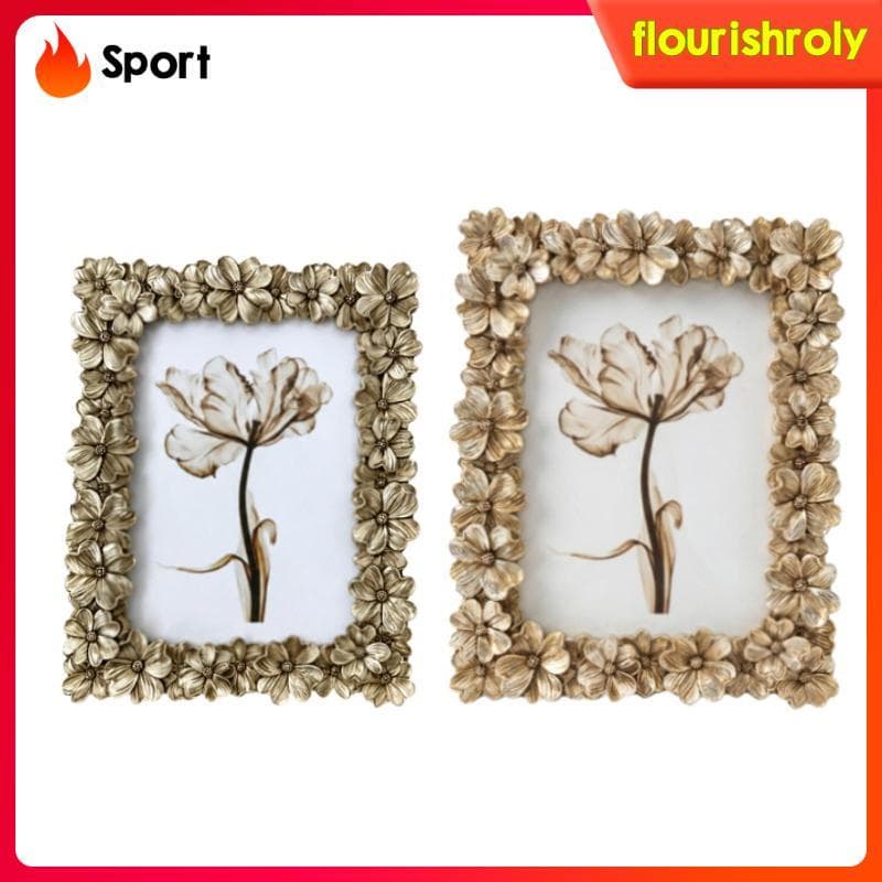 Porta-retratos decorativos retangulares com moldura floral dourada