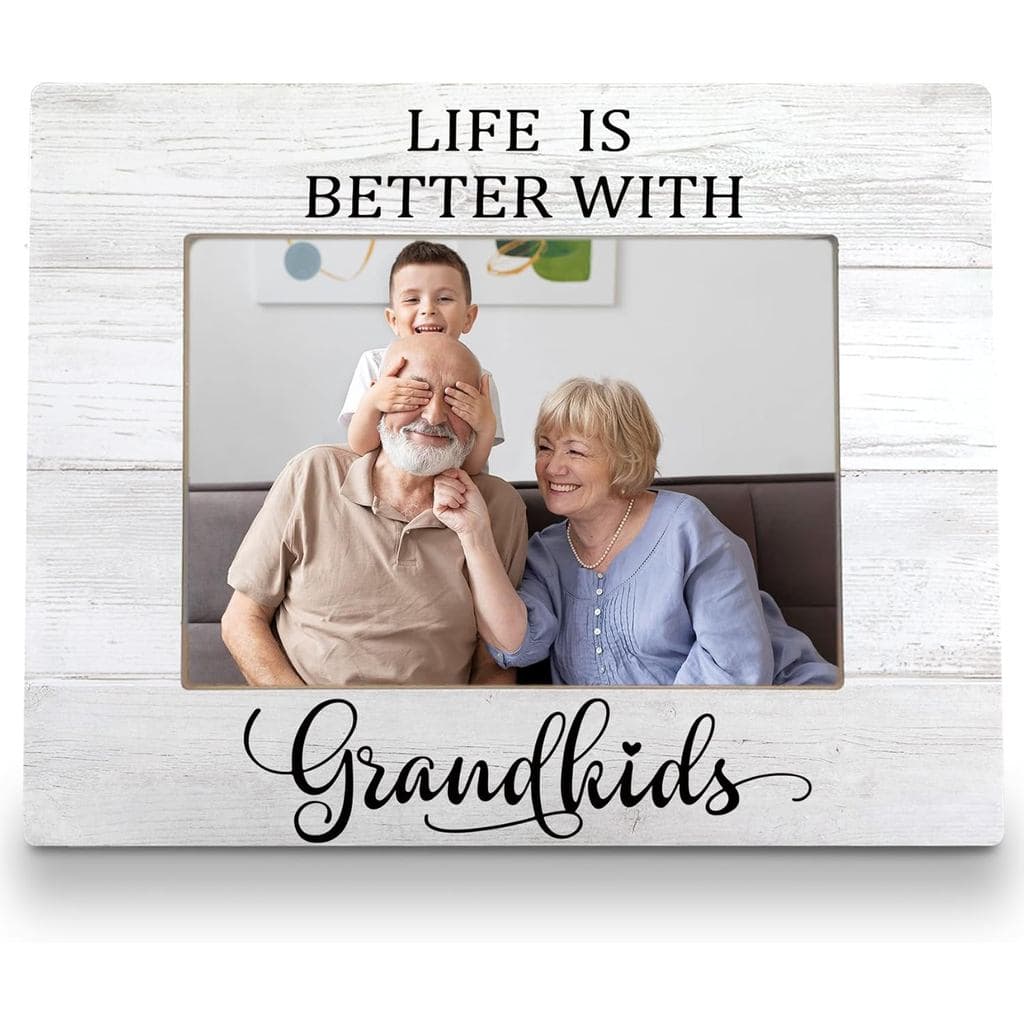 Porta-retratos para netos com mensagem 'LIFE IS BETTER WITH Grandkids' em branco e preto