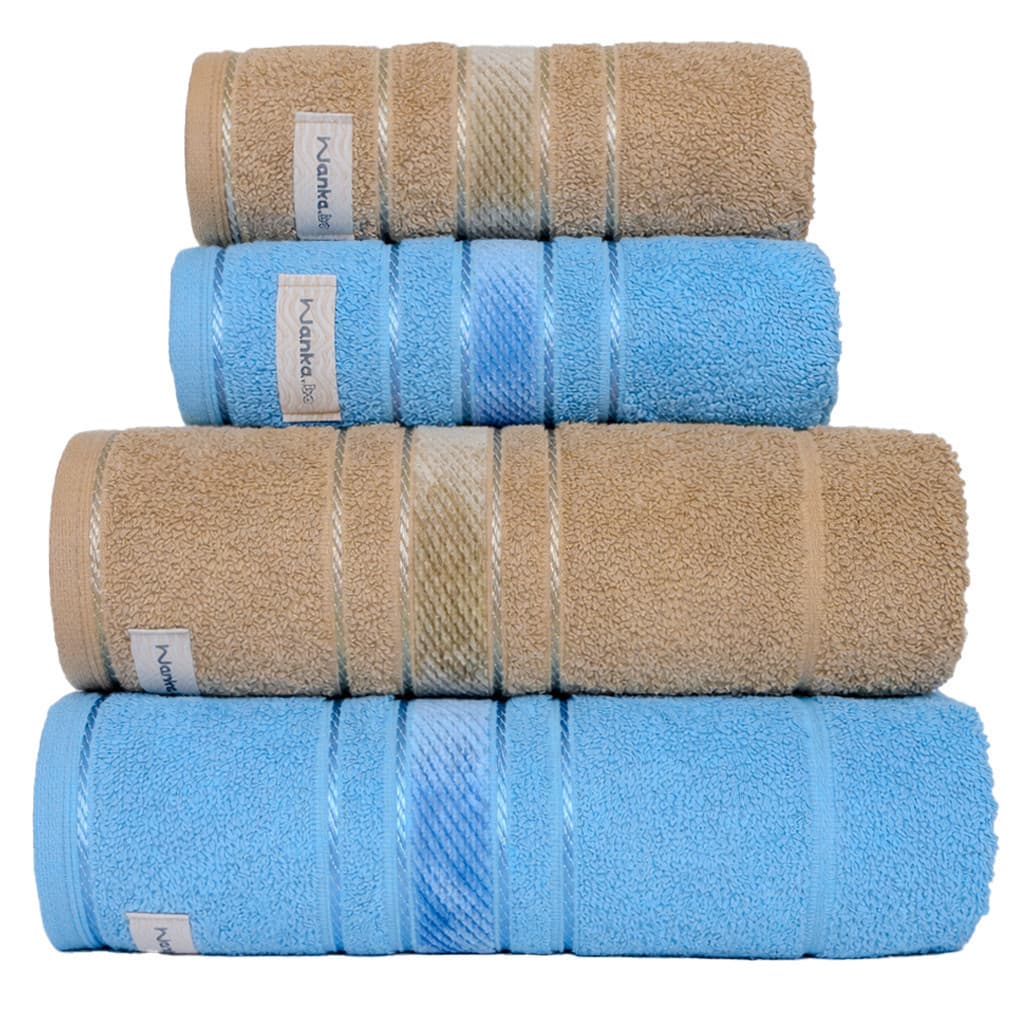 Conjunto de 4 toalhas de banho e rosto, bege e azul, com rótulo Manka