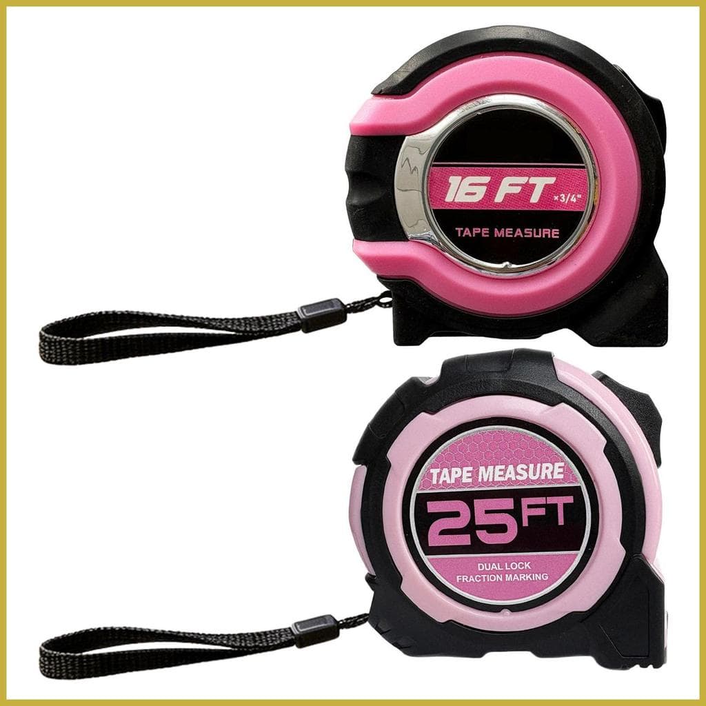 Fita métrica retrátil 16 pés e 25 pés com travamento automático e gancho magnético, cor rosa e preto