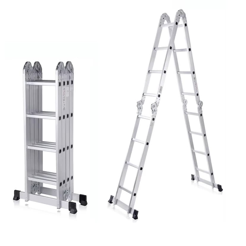 Escada multifuncional de alumínio 4x4 com 16 degraus e 13 posições, cinza metálico, contra fundo branco