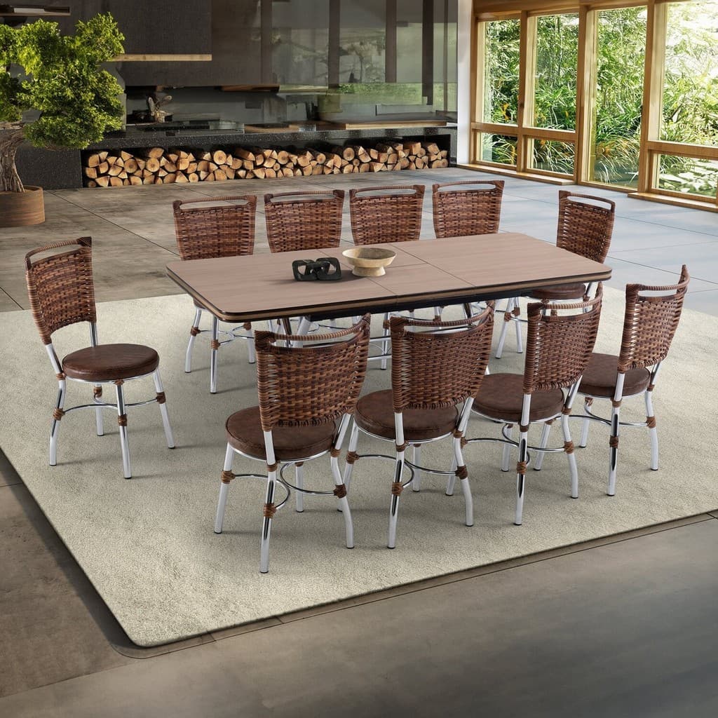 Conjunto de mesa elástica e 10 cadeiras com design de vime, assentos marrons e pernas metálicas prateadas